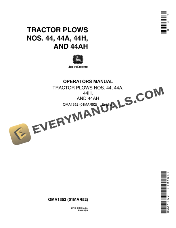 John Deere Nos. 44, 44A, 44H, 44AH Tractor Plows Operator Manual OMA1352