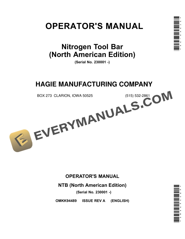 John Deere Nitrogen Tool Bar Operator Manual OMKK94489 1