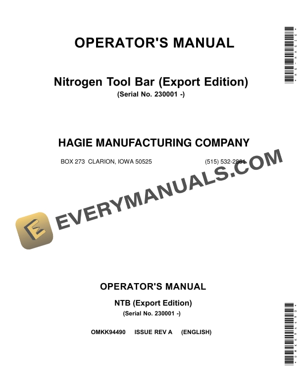 John Deere Nitrogen Tool Bar Operator Manual OMKK94490