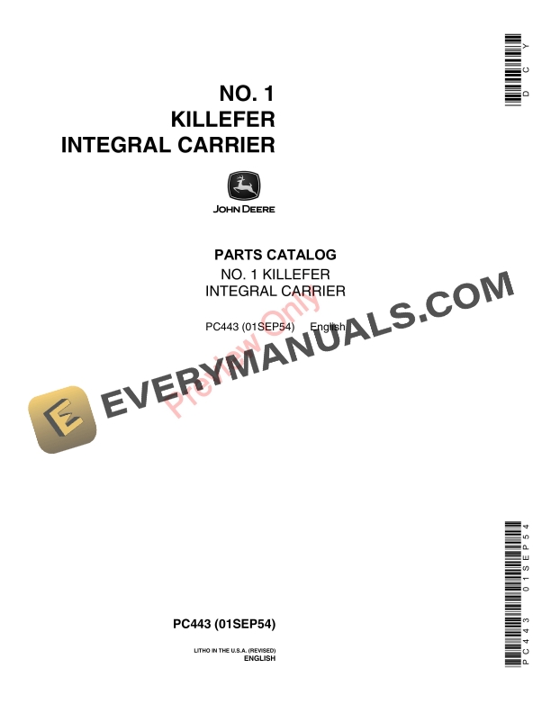 John Deere No. 1 Deere-Killefer Integral Carrier Parts Catalog PC443 01SEP54