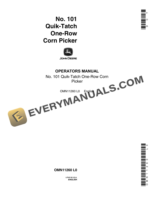 John Deere No. 101 Quik-Tatch One-Row Corn Picker Operator Manual OMN11260