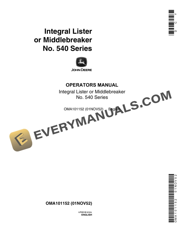 John Deere No. 540 Series Integral Lister or Middlebreaker Operator Manual OMA101152 1