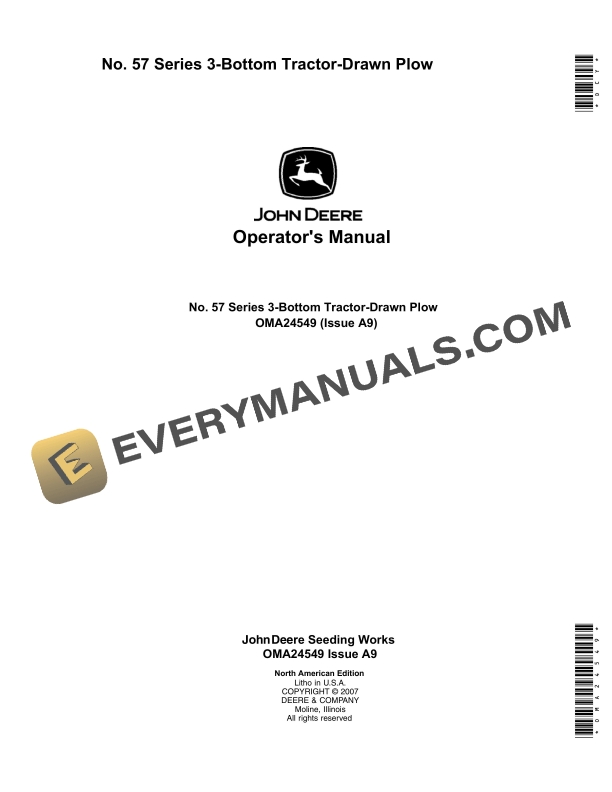 John Deere No. 57 Series 3 Bottom Tractor Drawn Plow Operator Manual OMA24549 1