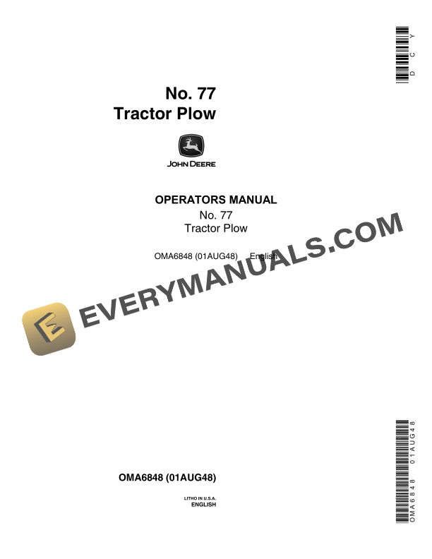 John Deere No. 77 Tractor Plow Operator Manual OMA6848 1