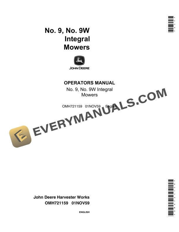 John Deere No. 9, No. 9W Integral Mowers Operator Manual OMH721159