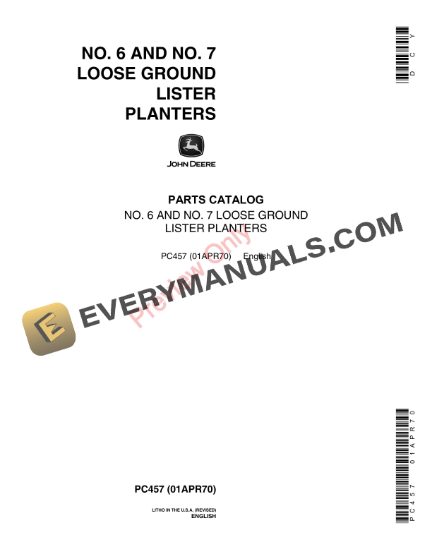 John Deere Nos. 6 7 Loose Ground Lister Planters Parts Catalog PC457 01APR70 1