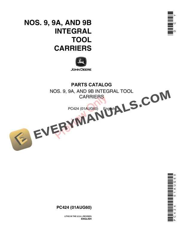 John Deere Nos. 9 9A 9B Integral Tool Carriers Parts Catalog PC424 01AUG60 1