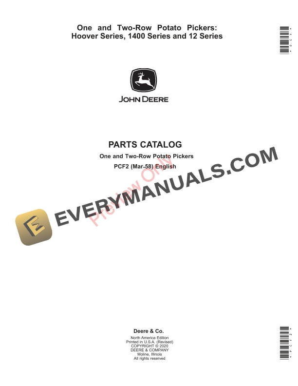 John Deere One and Two Row Potato Pickers Hoover Series 1400 and 12 Series Parts Catalog PCF2 01APR49 1