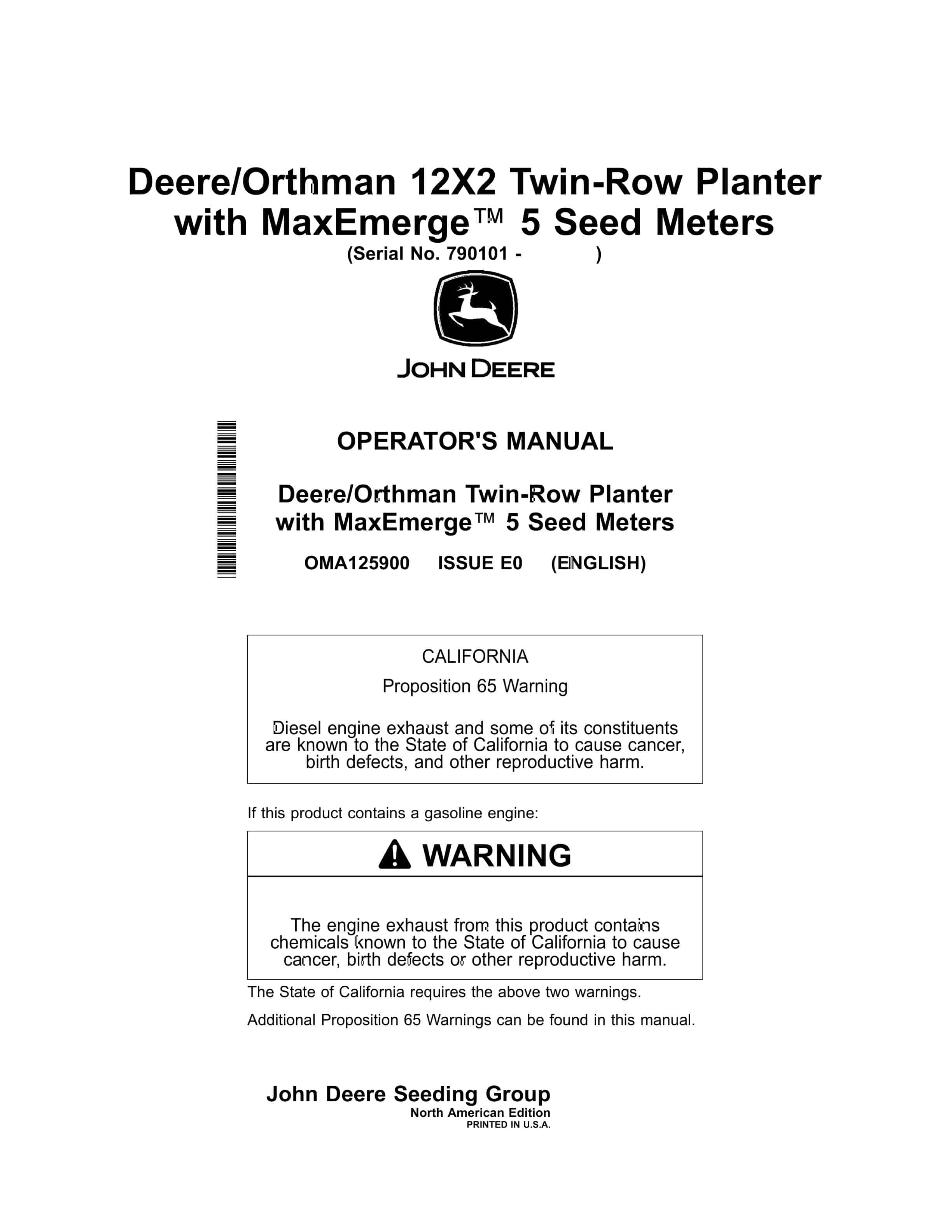 John Deere Orthman 12X2 Twin Row Planter with MaxEmerge 5 Seed Meters Operator Manual OMA125900 1