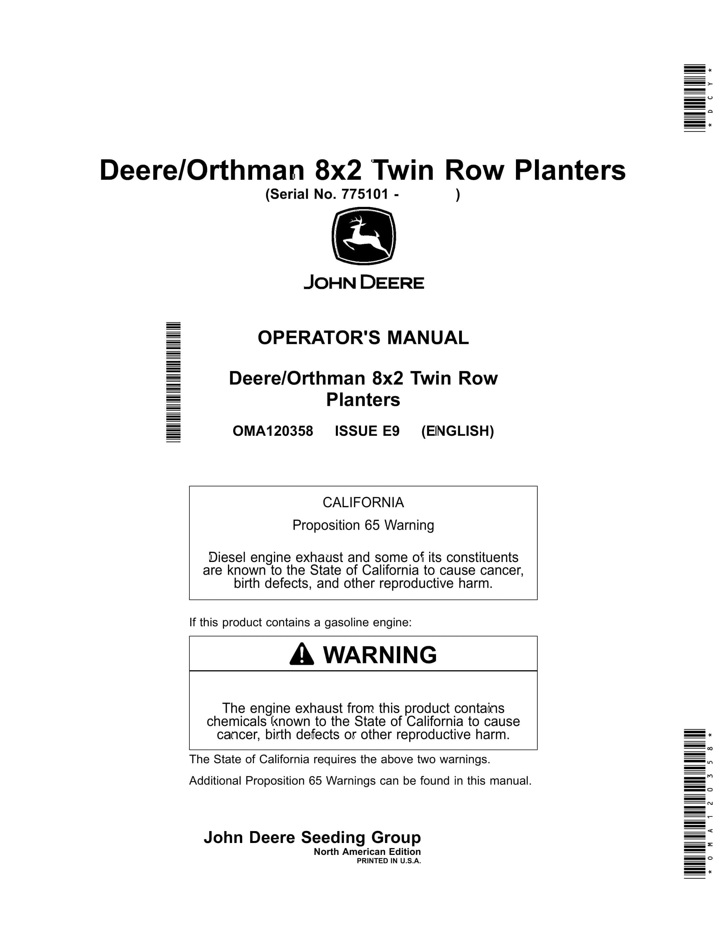 John Deere Orthman 8x2 Twin Row Planter Operator Manual OMA120358 1