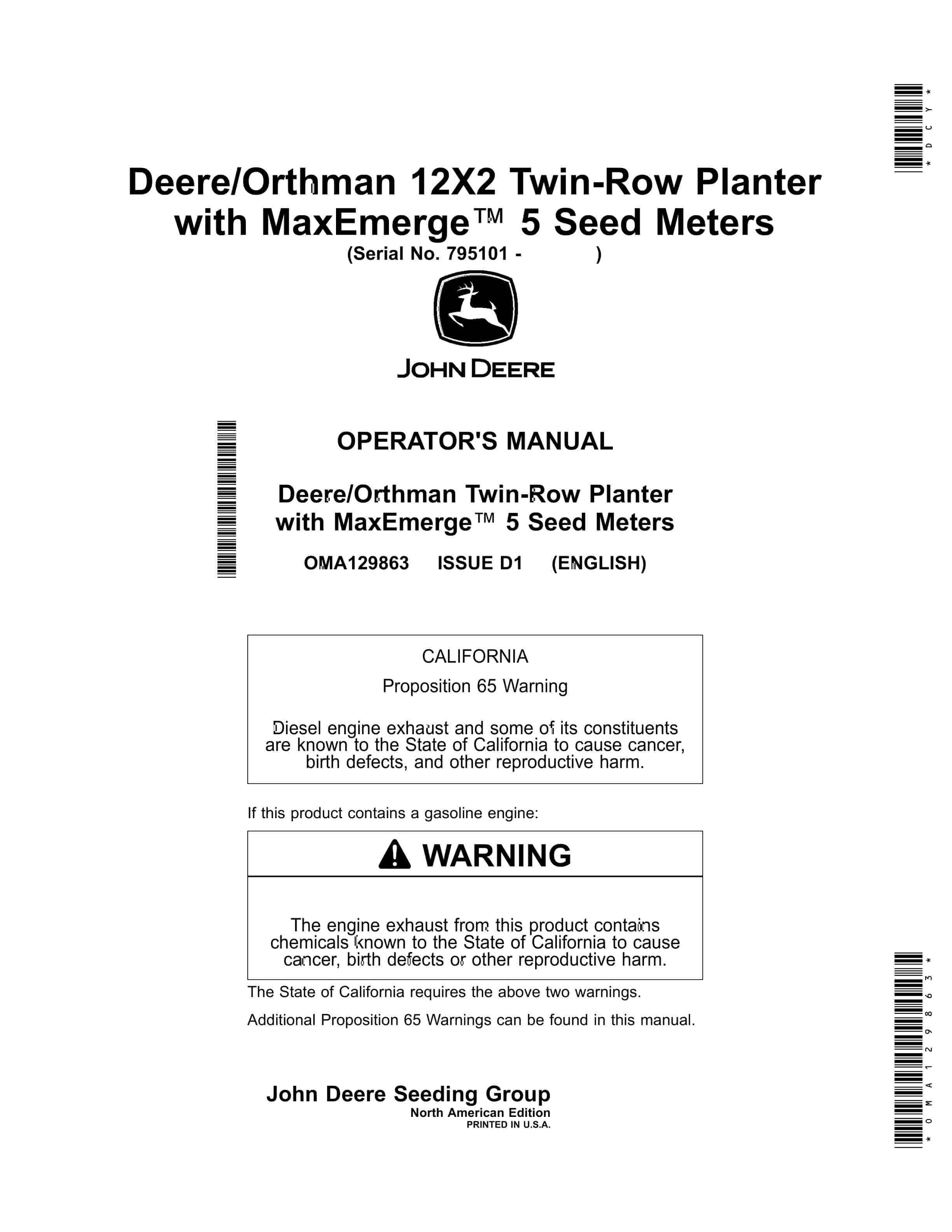 John Deere Orthman Twin Row Planter with MaxEmerge 5 Seed Meters Operator Manual OMA129863 1