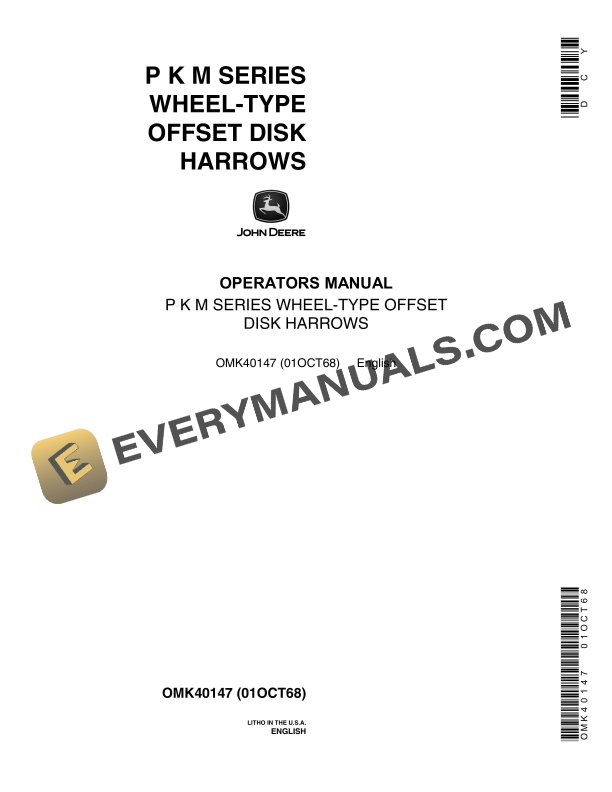 John Deere P K M SERIES WHEEL TYPE OFFSET DISK HARROWS Operator Manual OMK40147 1