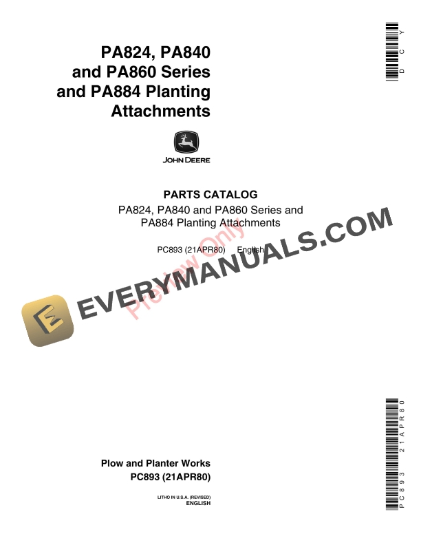 John Deere PA824, PA840, PA860 Series, PA884 Planting Attachments Parts Catalog PC893 21APR80