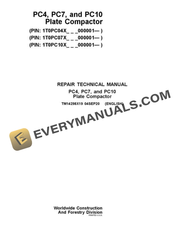 John Deere PC4 PC7 PC10 Worksite Pro Attachment Repair Manual TM14298X19