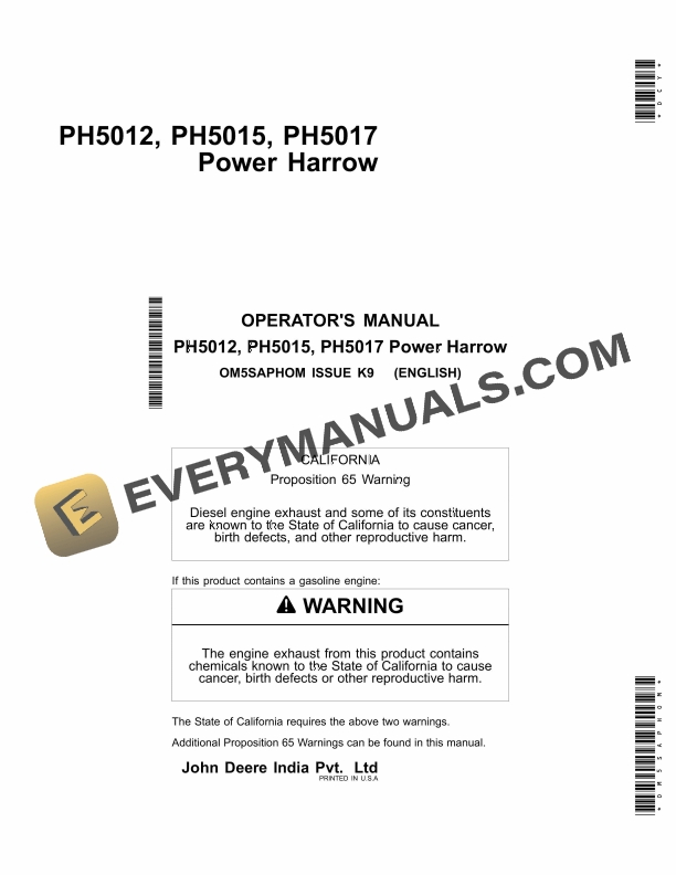 John Deere PH5012, PH5015, PH5017 Power Harrow Operator Manual OM5SAPHOM 1 John Deere PH5012 PH5015 PH5017 Power Harrow Operator Manual OM5SAPHOM 1