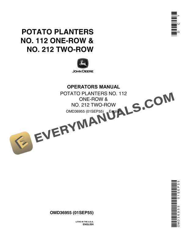 John Deere POTATO PLANTERS NO. 112 ONE ROW and NO. 212 TWO ROW Operator Manual OMD36955 1