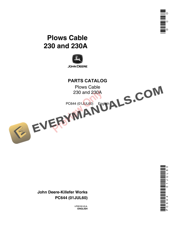 John Deere Plows Cable 230, 230A Parts Catalog PC644 01JUL60