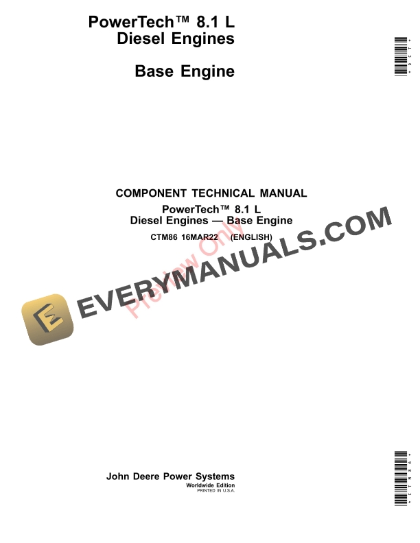 John Deere PowerTech 8.1 L Diesel Engines Base Engine Component Technical Manual CTM86 16MAR22 PDF