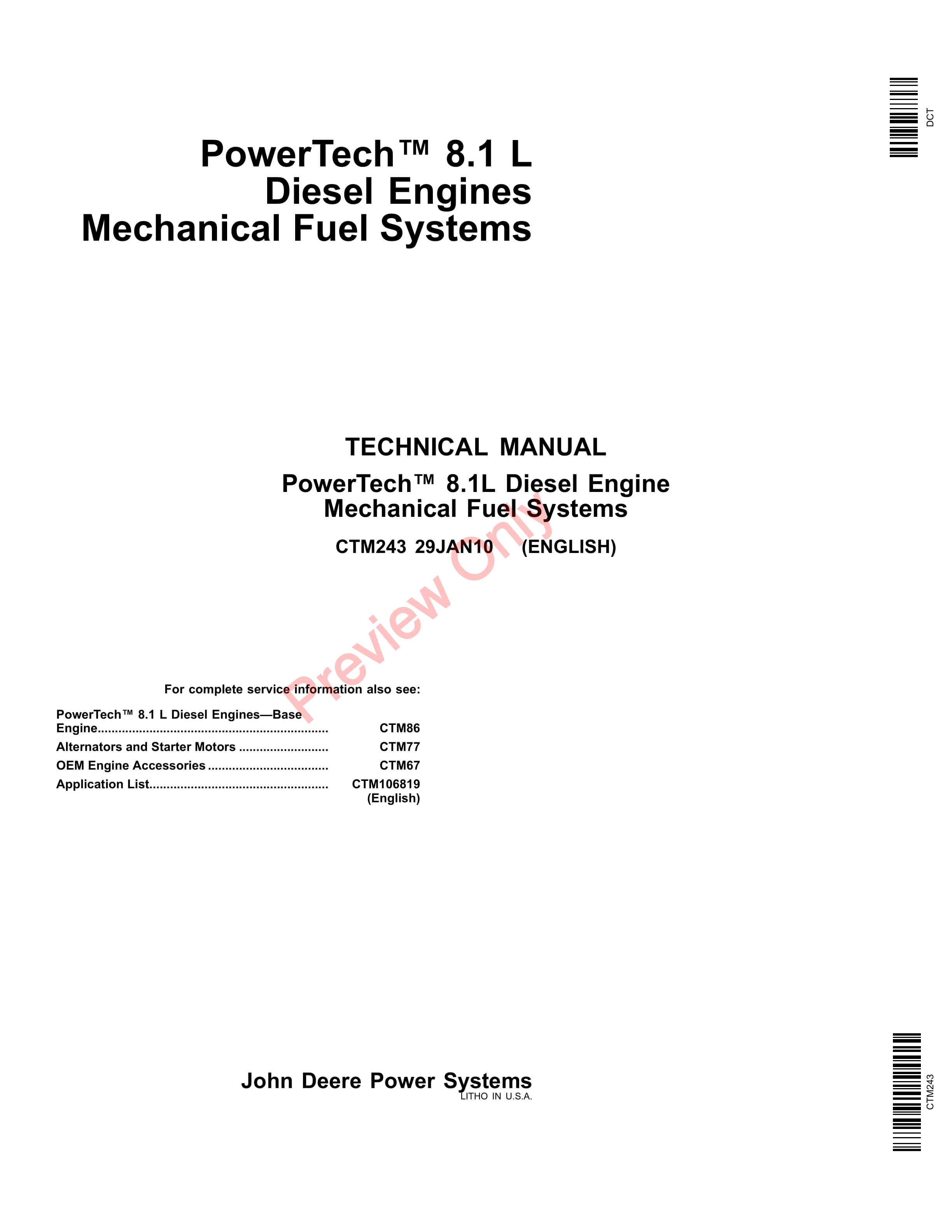 John Deere PowerTech 8.1 LDiesel Engines Mechanical Fuel Systems Technical Manual CTM243 17JUL17 PDF
