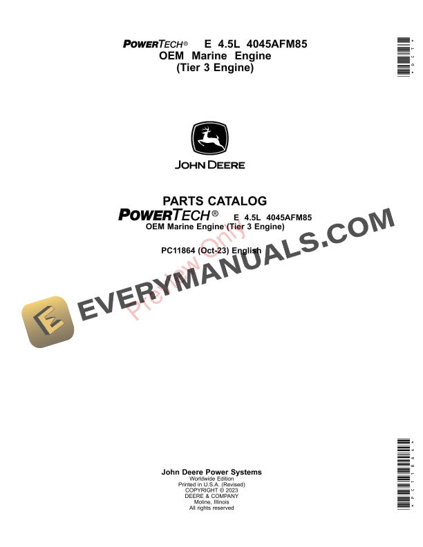 John Deere PowerTech E 4.5L 4045AFM85 OEM Marine Engine (Tier 3 Engine) Parts Catalog PC11864 06OCT23