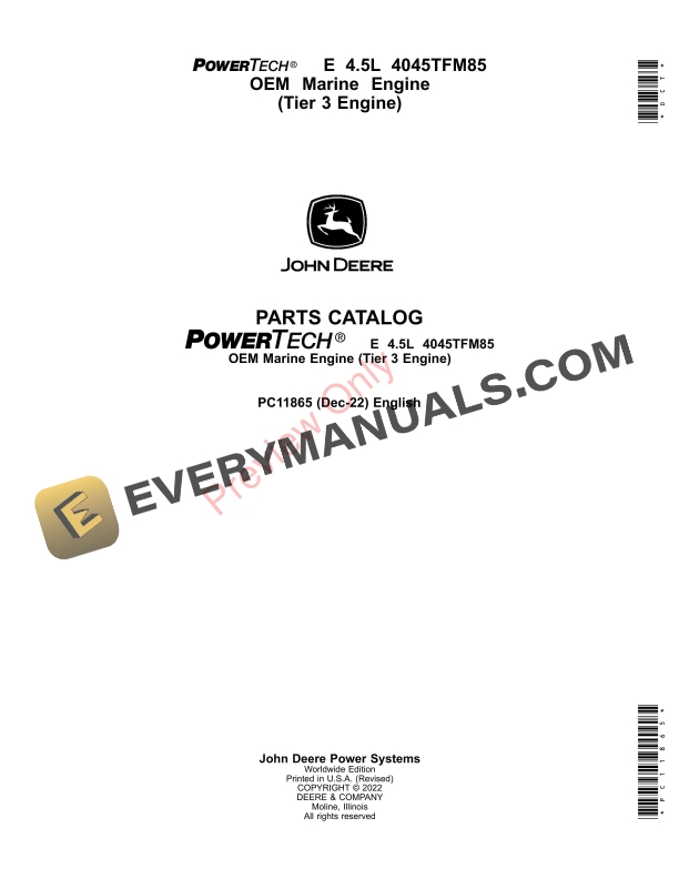 John Deere PowerTech E 4.5L 4045TFM85 OEM Marine Engine (Tier 3 Engine) Parts Catalog PC11865 05SEP23