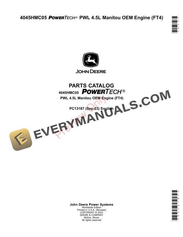 John Deere PowerTech PWL 4.5L 4045HMC05 OEM FT4 Engine Parts Catalog PC13187 14SEP23 1