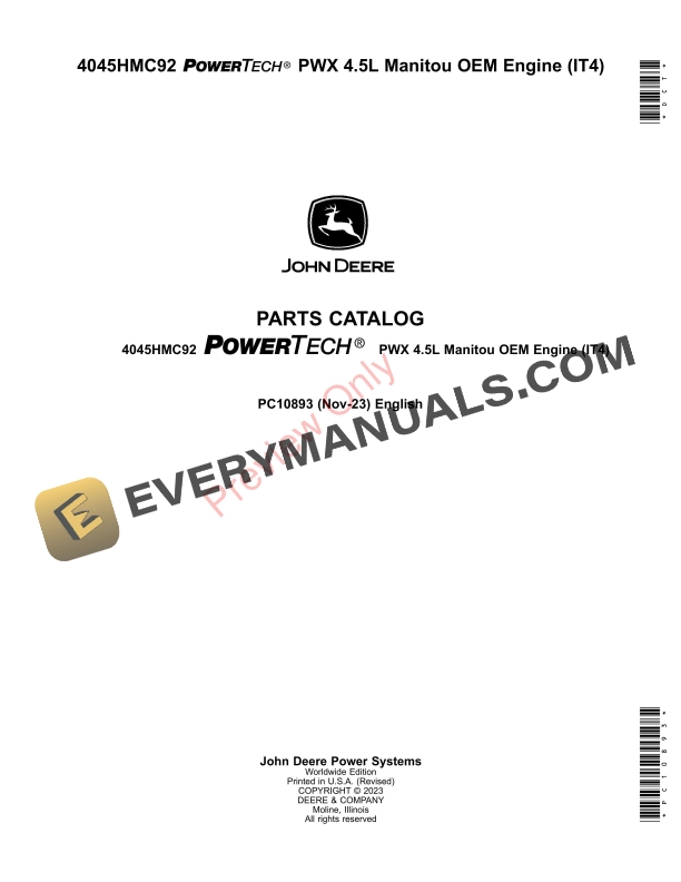 John Deere PowerTech PWX 4.5L OEM 4045HMC92 Engine (IT4) Parts Catalog PC10893 02NOV23