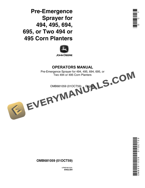 John Deere Pre Emergence Sprayer for 494 495 694 695 or Two 494 or 495 Corn Planters Operator Manual OMB681059 1
