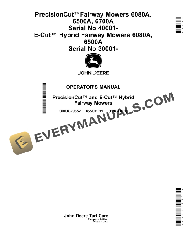 John Deere 6080A, 6500A, 6700A PrecisionCut and 6080A, 6500A E-Cut Hybrid Fairway Mowers Operator Manual OMUC29352