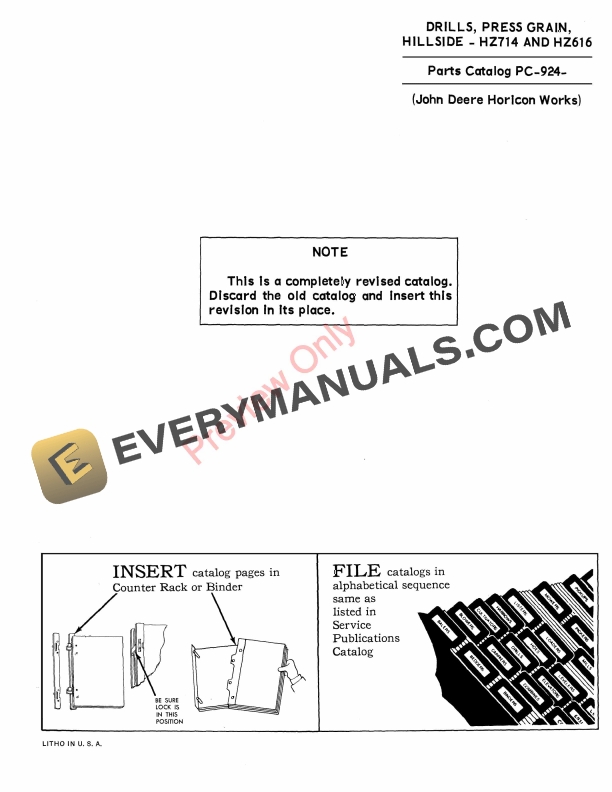 John Deere Press Grain Drills - Hillside, HZ714, HZ616 Parts Catalog PC924 01FEB66