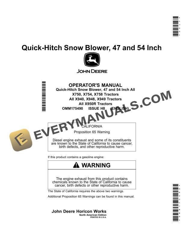 John Deere Quick Hitch Snow Blower 47 and 54 Inch All X750 X754 X758 All X940 X948 X949 All X950R Tractors Operator Manual OMM175490 1