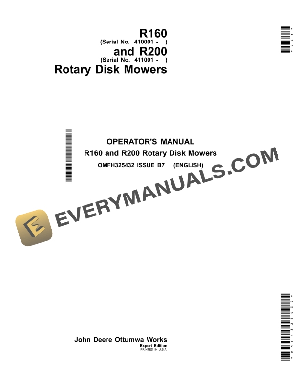 John Deere R160 and R200 Rotary Disk Mowers Operator Manual OMFH325432 1