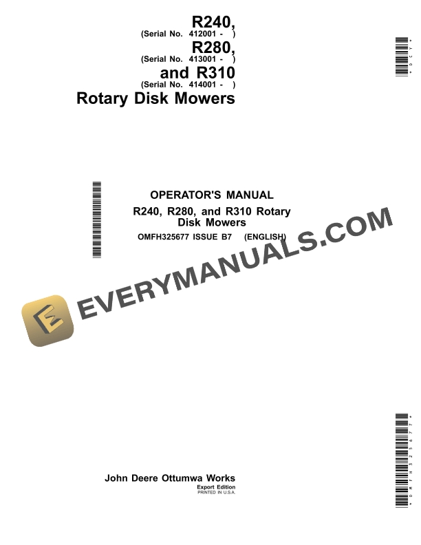 John Deere R240 R280 and R310 Rotary Disk Mowers Operator Manual OMFH325677 1