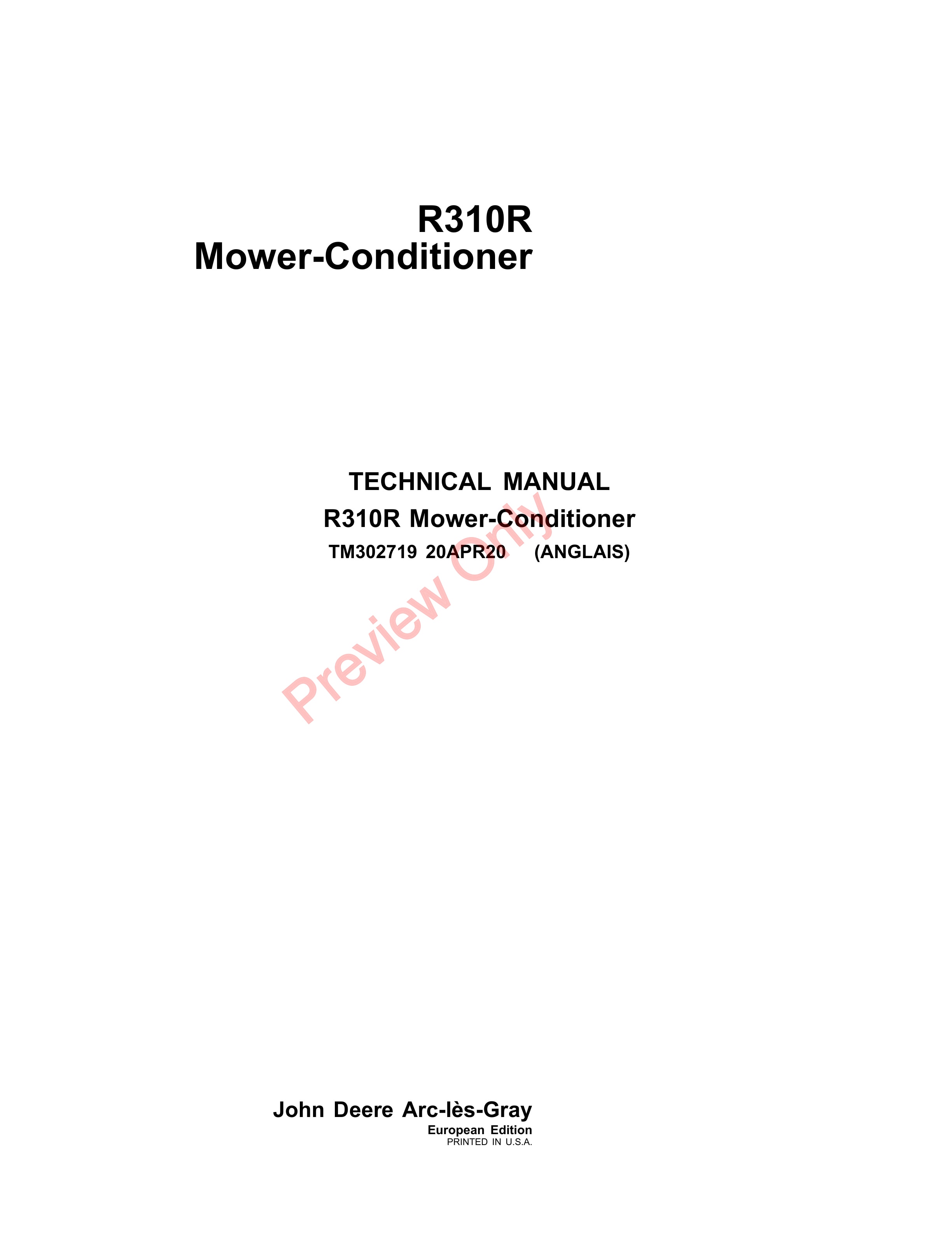 John Deere R310R Mower Conditioner Technical Manual TM302719 20APR20 1