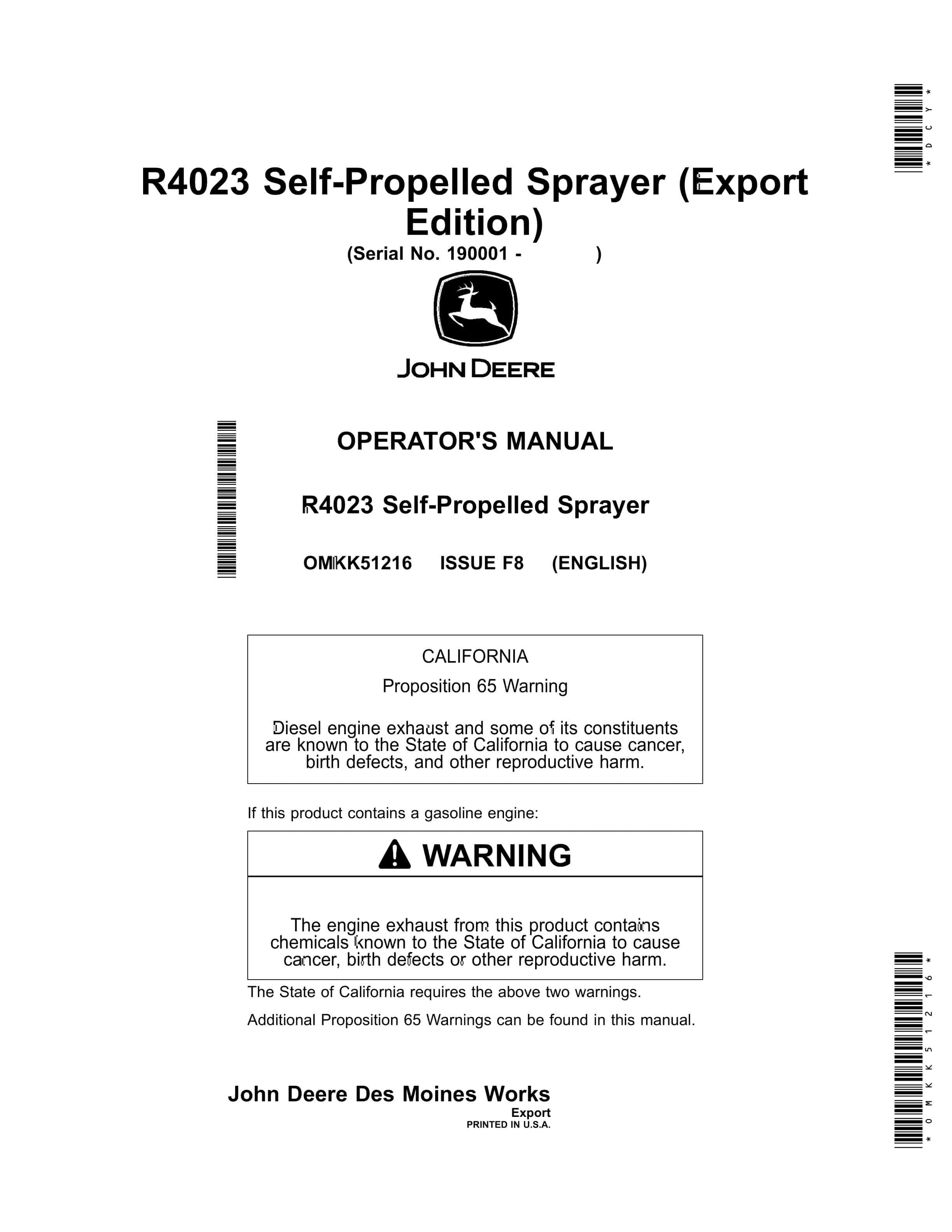 John Deere R4023 Self Propelled Sprayer Operator Manual OMKK51216 1