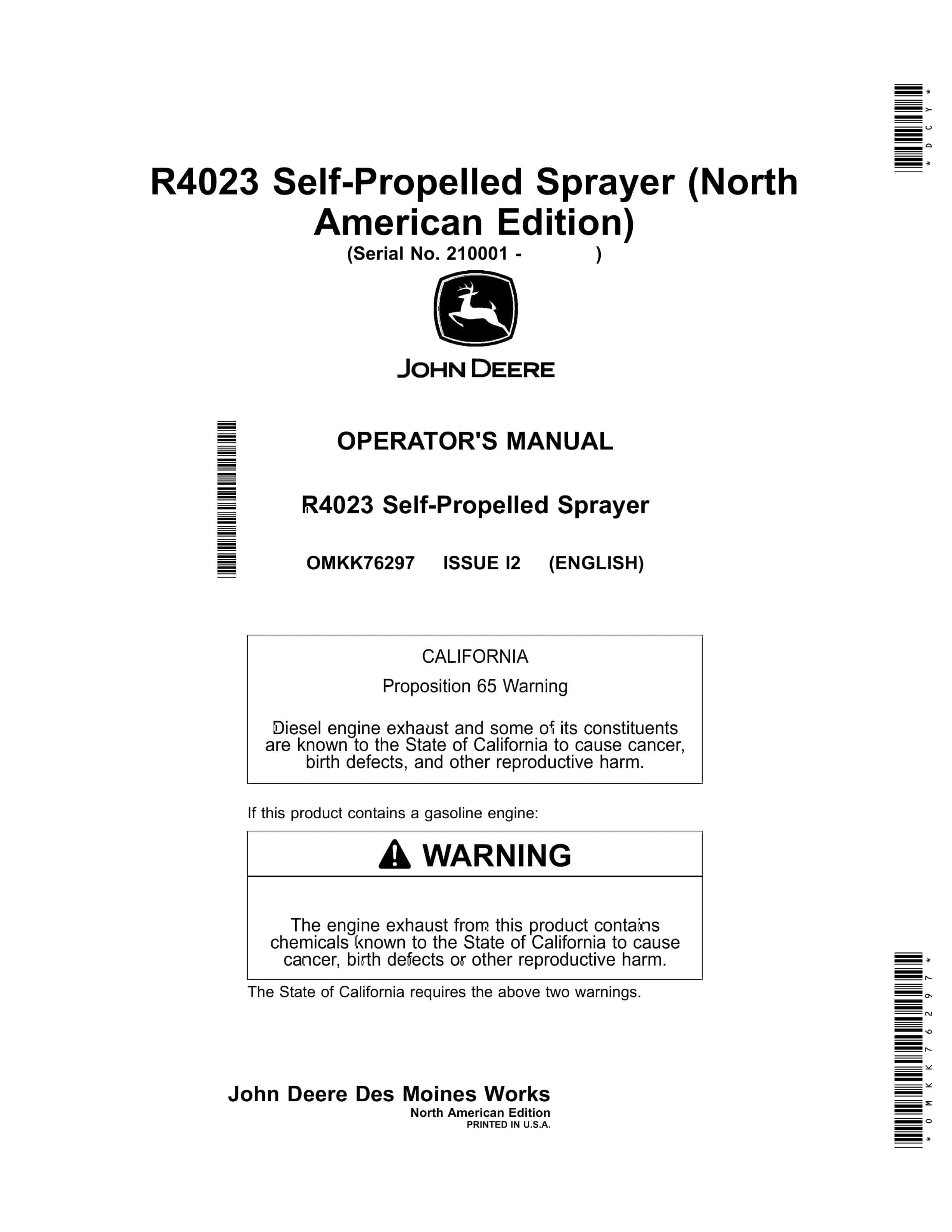 John Deere R4023 Self Propelled Sprayer Operator Manual OMKK76297 1