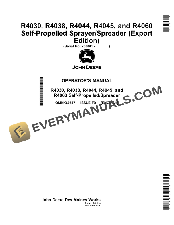 John Deere R4030, R4038, R4044, R4045, R4060 Self-Propelled Sprayer - Spreader Operator Manual OMKK60547