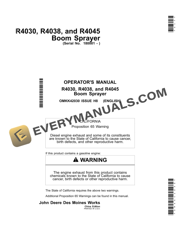 John Deere R4030, R4038, R4045 Boom Sprayer Operator Manual OMKK42030