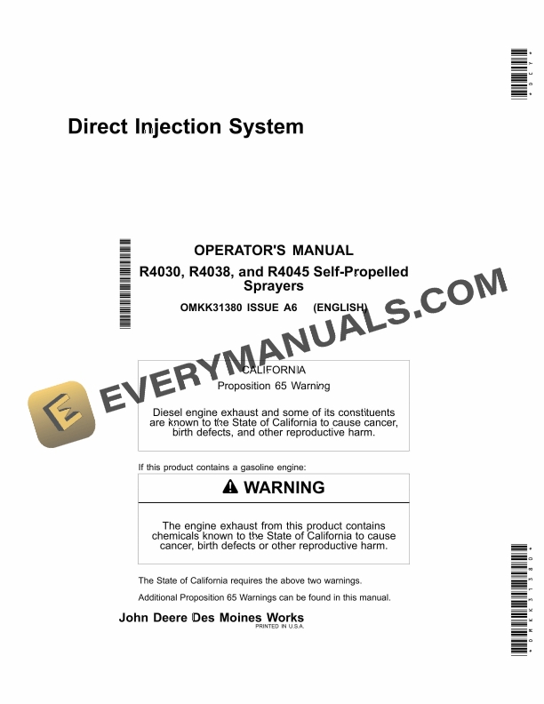 John Deere R4030 R4038 and R4045 Self Propelled Sprayer Operator Manual OMKK31380 1