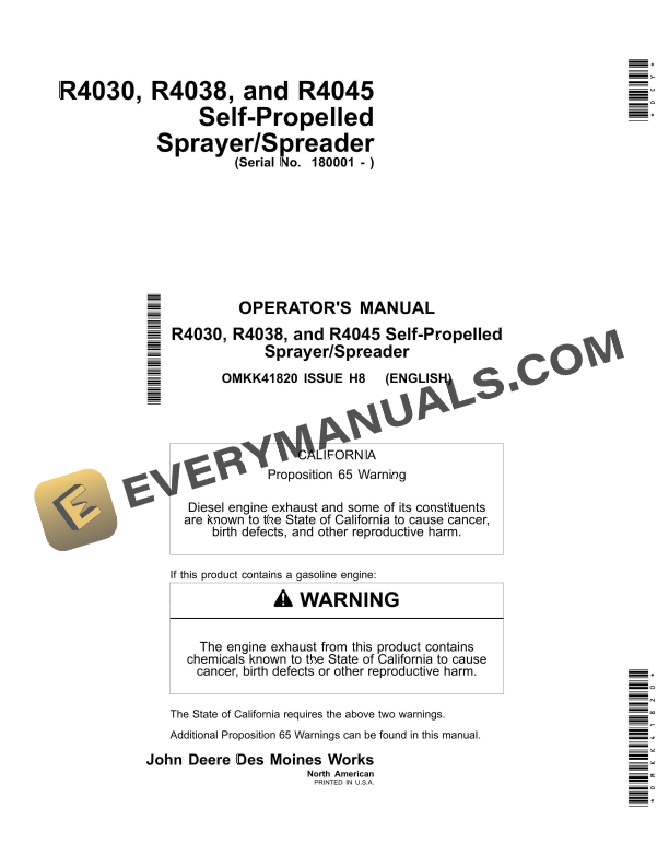 John Deere R4030 R4038 and R4045 Self Propelled Sprayer Spreader Operator Manual OMKK41820 1