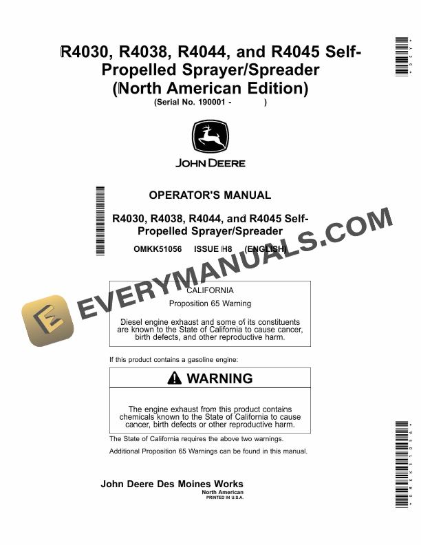 John Deere R4030, R4038, R4044, R4045 Self-Propelled Sprayer - Spreader Operator Manual OMKK51056 1 John Deere R4030 R4038 and R4045 Self Propelled Sprayer Spreader Operator Manual OMKK51056 1