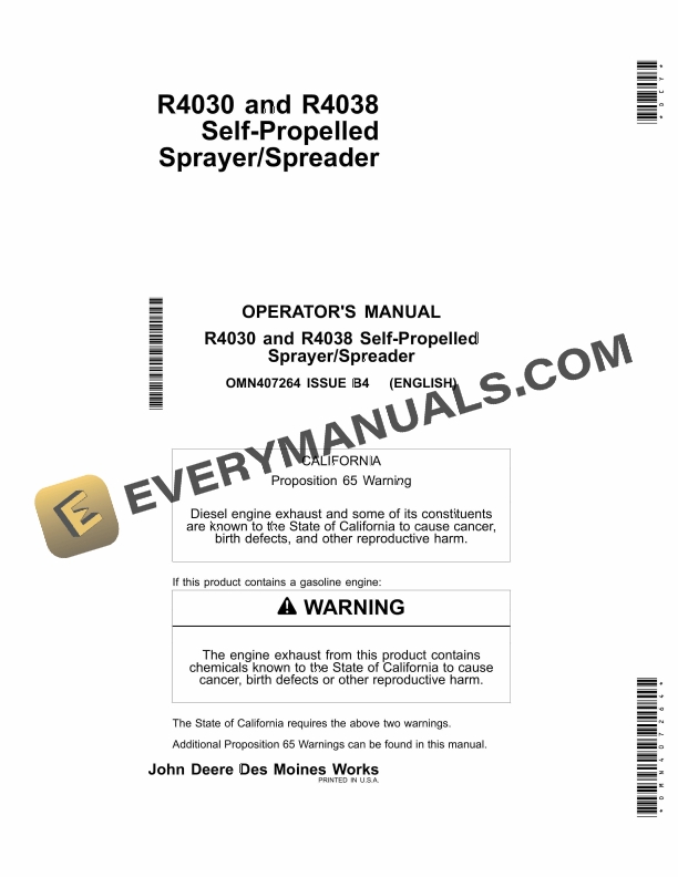 John Deere R4030 and R4038 Self Propelled Sprayer Spreader Operator Manual OMN407264 1