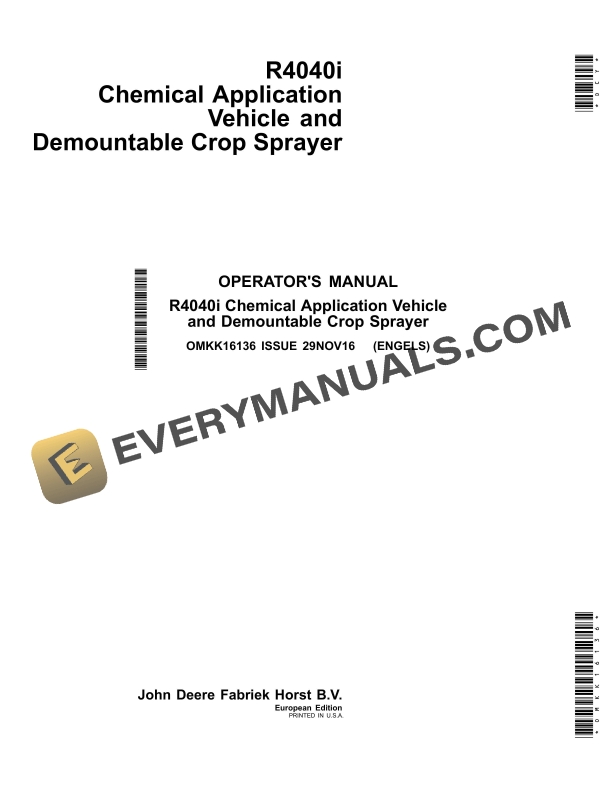 John Deere R4040i Chemical Application Vehicle and Demountable Crop Sprayer Operator Manual OMKK16136