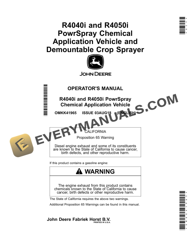 John Deere R4040i and R4050i PowrSpray Chemical Application Vehicle Operator Manual OMKK41965