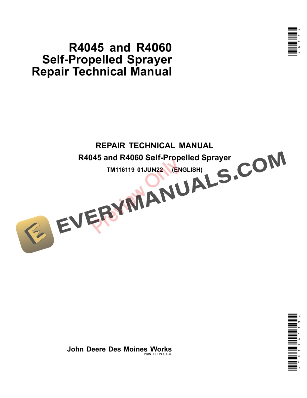 John Deere R4045 and R4060 Self Propelled Sprayer Repair Technical Manual TM116119 01JUN22 1