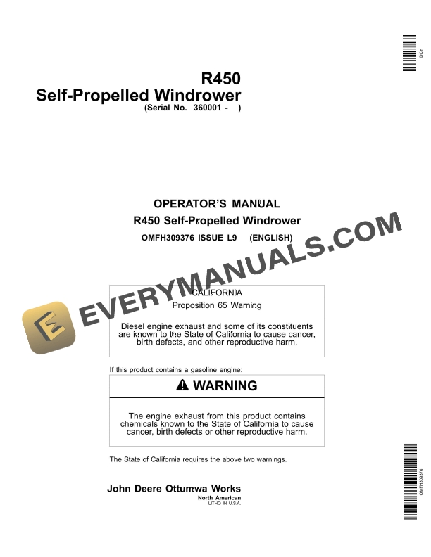 John Deere R450 Self Propelled Windrower Operator Manual OMFH309376 1