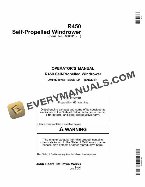 John Deere R450 Self-Propelled Windrower Operator Manual OMFH310758