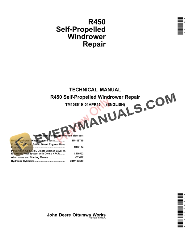 John Deere R450 Self Propelled Windrower Technical Manual TM108619 01APR15 1