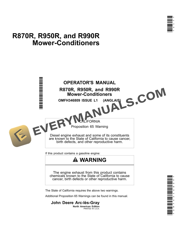 John Deere R870R, R950R, R990R Mower-Conditioners Operator Manual OMFH346809