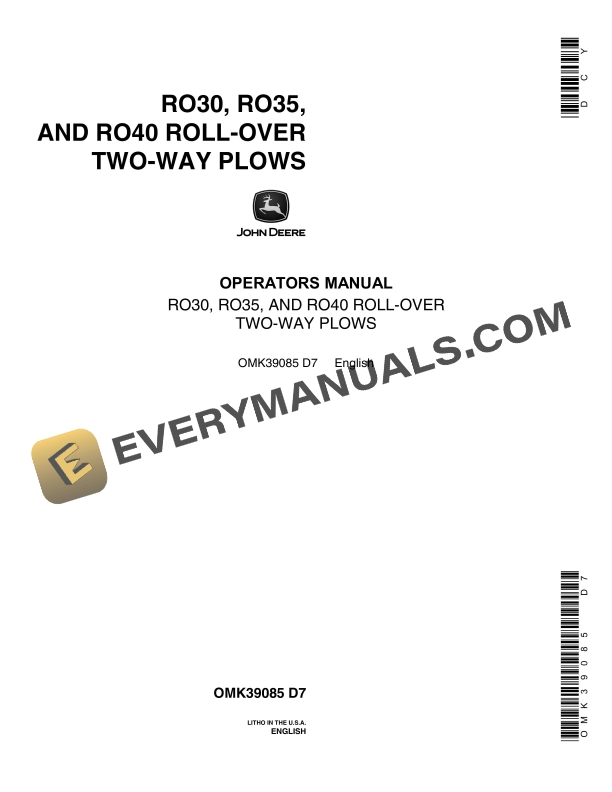 John Deere RO30 RO35 AND RO40 ROLL OVER TWO WAY PLOW Operator Manual OMK39085 1